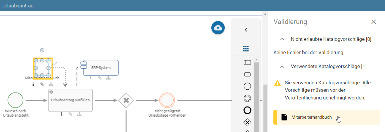 Hier wird ein noch nicht genehmigter Katalogvorschlag im Validierungsprozess gezeigt.