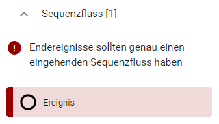 Hier wird ein ungültiger Sequenzfluss in der Validierung angezeigt am Beispiel einer fehlenden eingehenden Sequenz eines