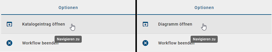 In diesem Screenshot wird die Option "Diagramm öffnen" bzw. "Katalogeintrag öffnen" im Audit Trail eines Workflows gezeigt.