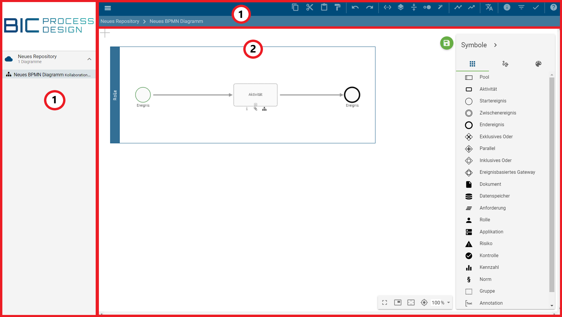 Dieser Screenshot zeigt die verschiedenen Zoom-Bereiche Explorer bzw. Menüleiste und Diagramm.