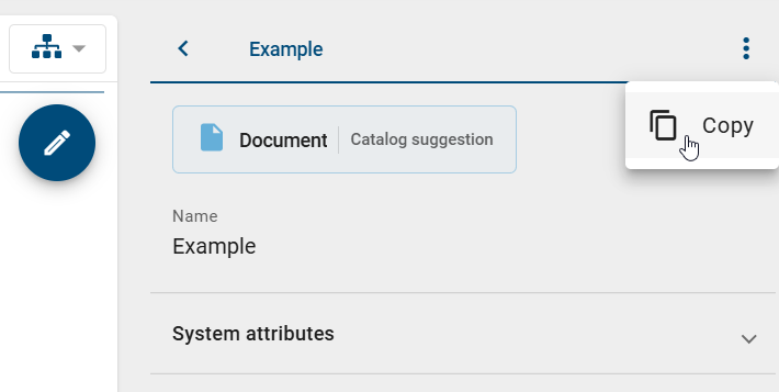 The screenshot shows the "Copy" button for an object in the attributes of a diagram after you have selected the object and clicked the *Copy* button in the context menu.