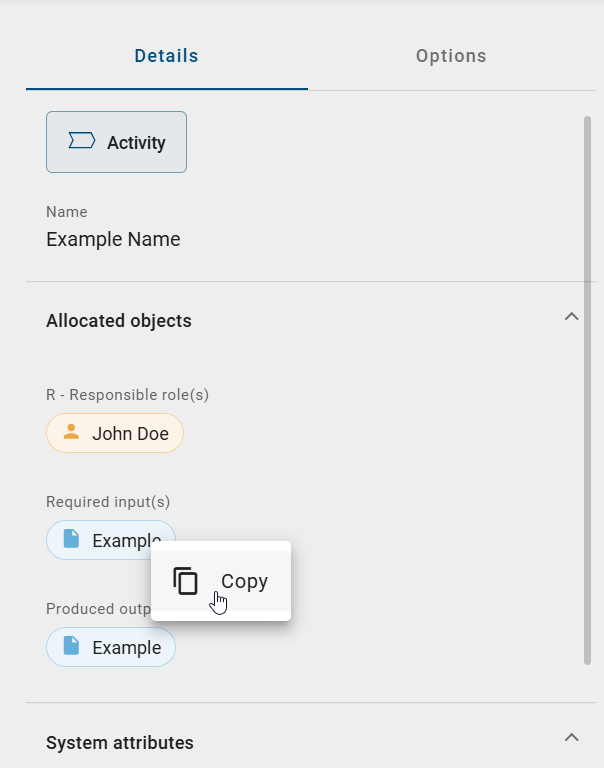 The screenshot shows the “Copy” button for an object in a diagram's attributes after right-clicking on the object.