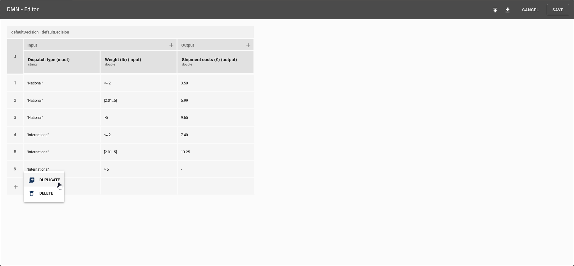 The "Duplicate" button of the context menu of a decision rule is displayed.