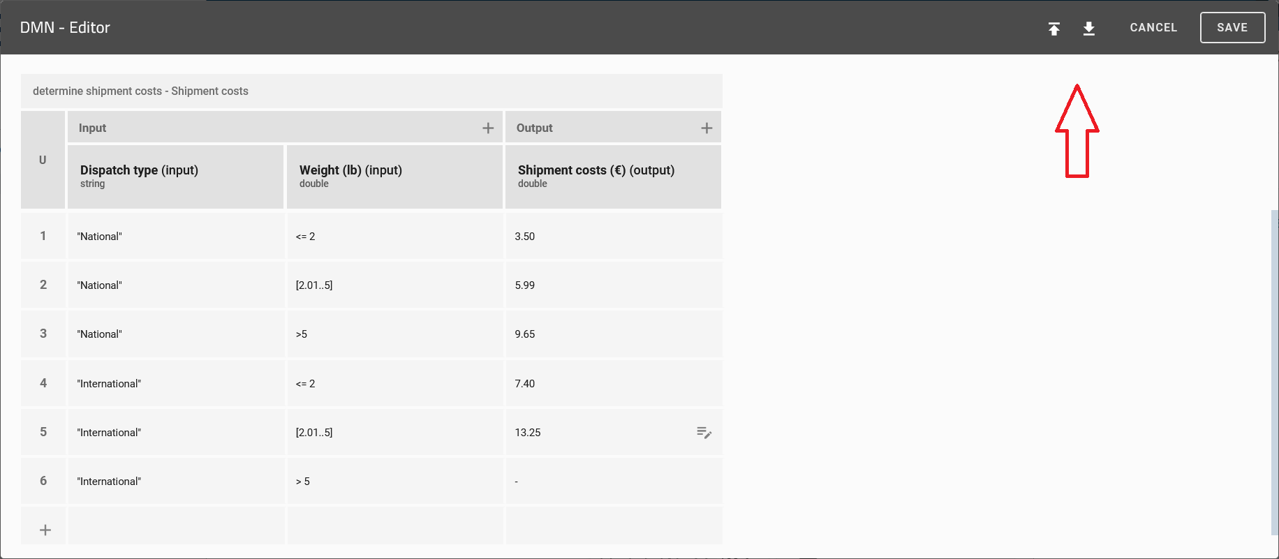 The buttons "Import file" and " Export file" of the context menu of the DMN editor are displayed.