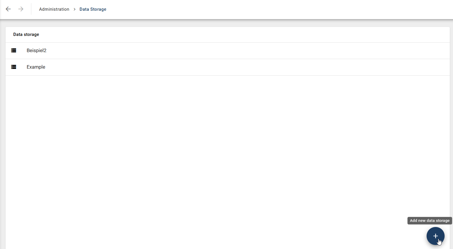 The screenshot shows the “Add New Data storage” button (plus symbol).