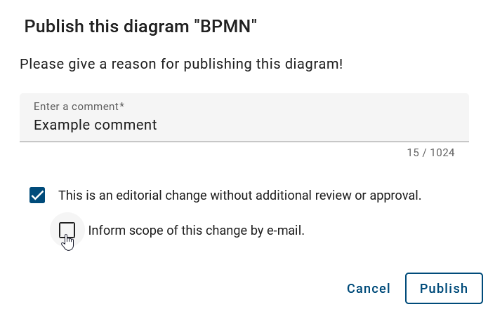 The screenshot shows the dialog box where you can determine whether the scope should be informed about the change by e-mail.