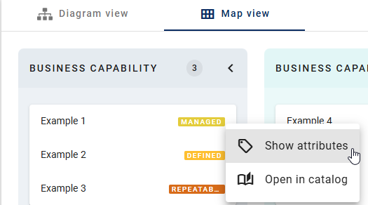This screenshot shows how you can access the attribute view in the right sidebar under the "Details" panel directly using the context menu of a "Business Capability" in the "Map view".