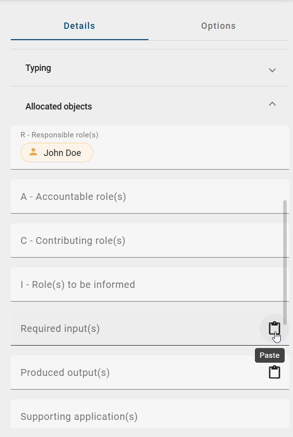 The screenshot shows the “Paste” button for a copied object in an attribute after you have clicked in the attribute's input field.