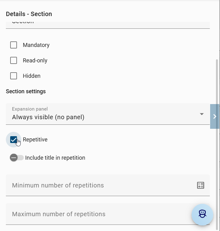 The screenshot shows how to mark a section as "Repetitive" in the form editor.