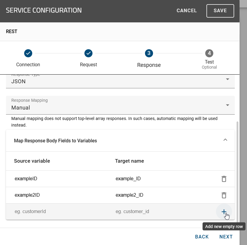 The screenshot shows how to add new variables in the “Service Configurator”.