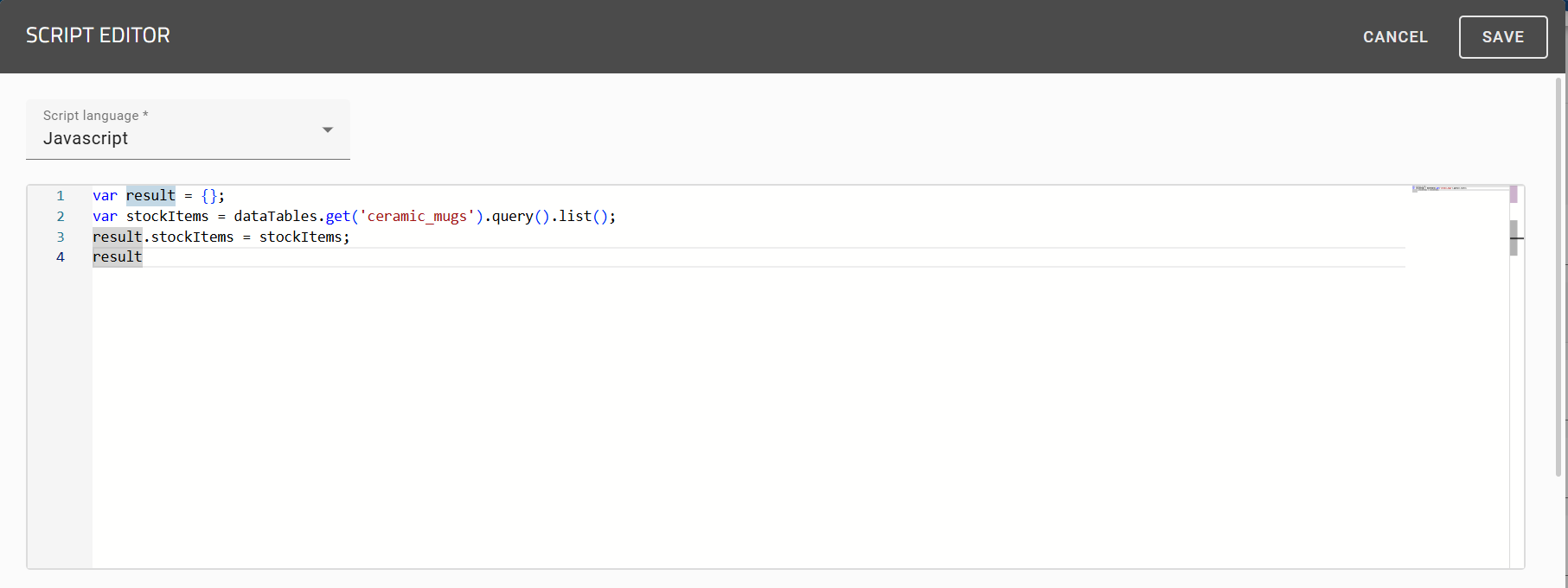 The screenshot shows how to retrieve data from the data table suing "dataTables.get()".
