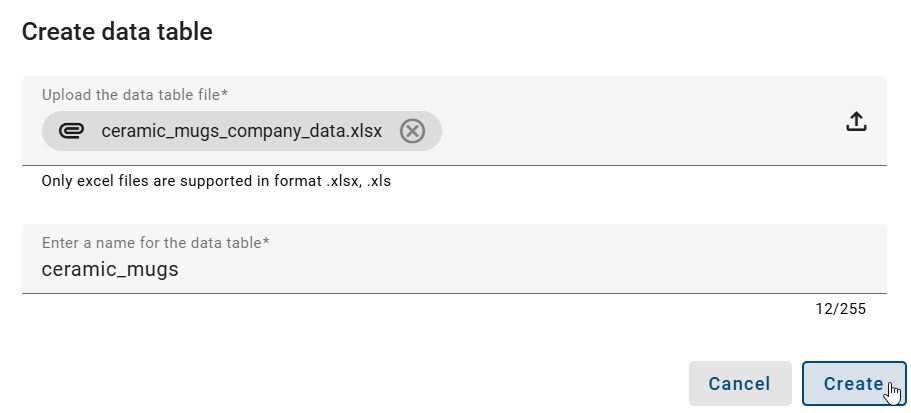 The screenshot shows how to name the data table in BIC Process Execution.