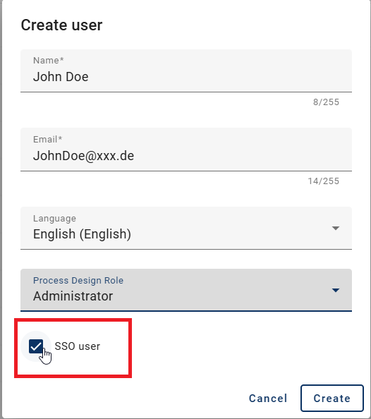 The screenshot shows the checkbox for creating an SSO user.