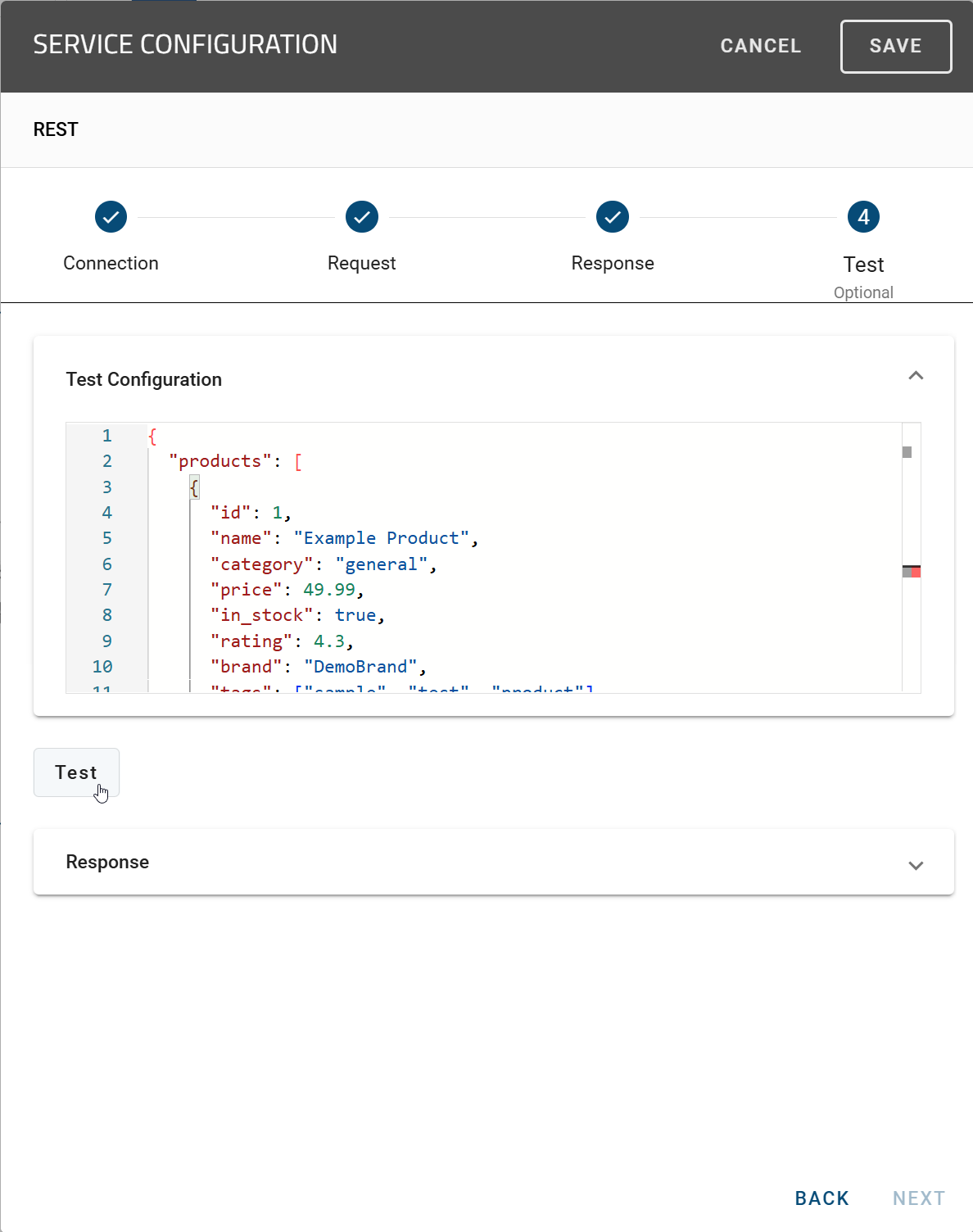 The screenshot shows the option to test a service configuration.