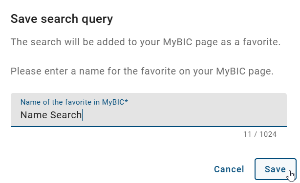 The screenshot shows a dialog for a favorite search result.