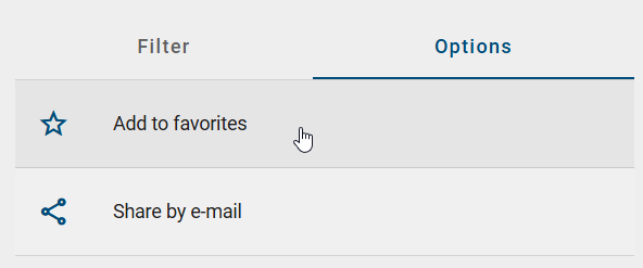 The screenshot shows the "Add to favorites" option in the "Options" panel in the "Search" menu item for a performed search.