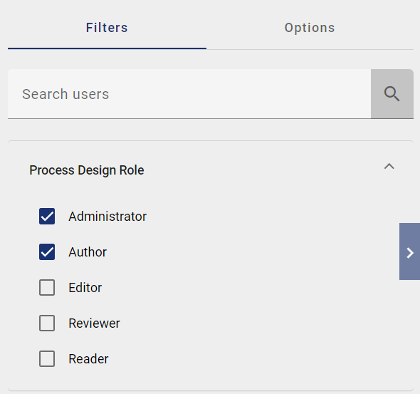 The screenshot shows the search and filter options in the user management.