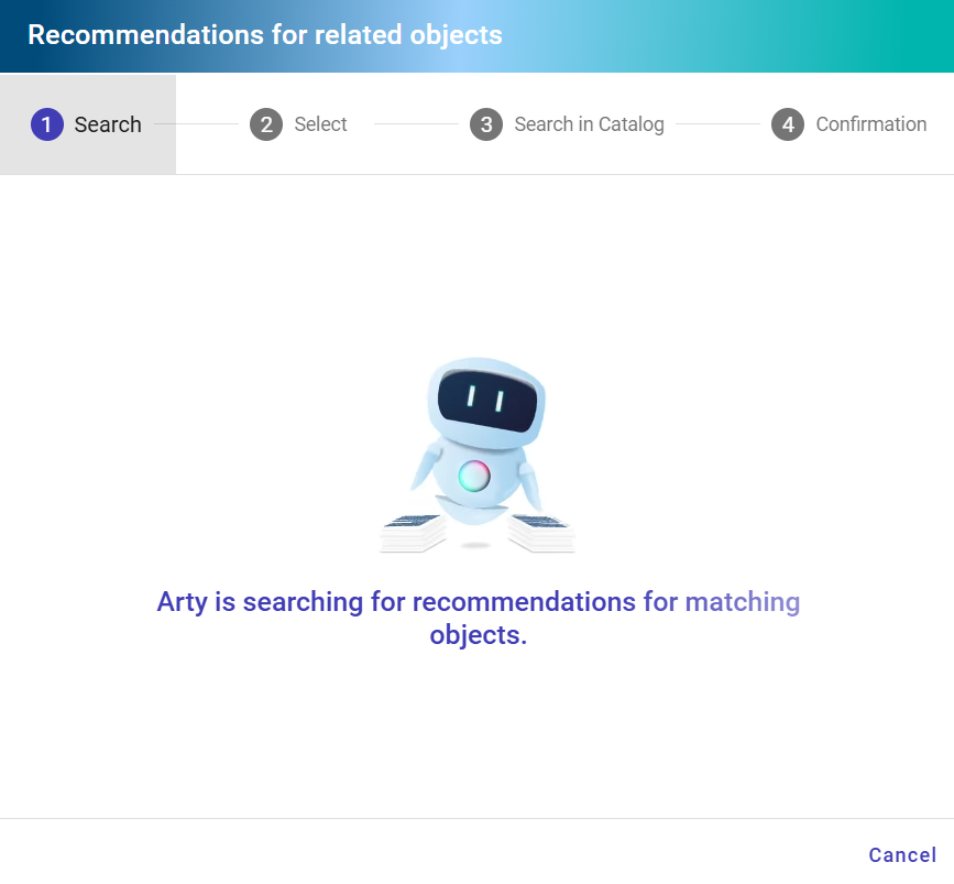 The screenshot shows the loading screen in the first step of the recommendation search for suitable objects for an EAM context reference.