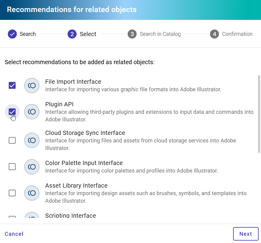The screenshot shows the object recommendations provided for selection for an EAM context reference.