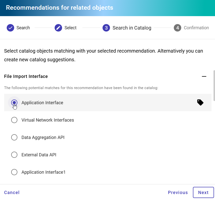The screenshot shows the selected object recommendations provided for an EAM context reference.