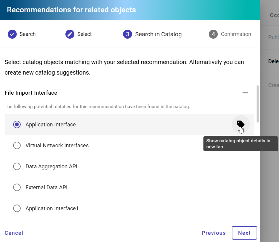 The screenshot shows the "Show catalog object details in new tab" button for a provided object recommendation for an EAM context reference.