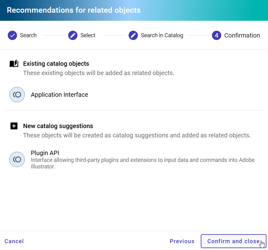 The screenshot shows a summary of the selected object recommendations for an EAM context reference.