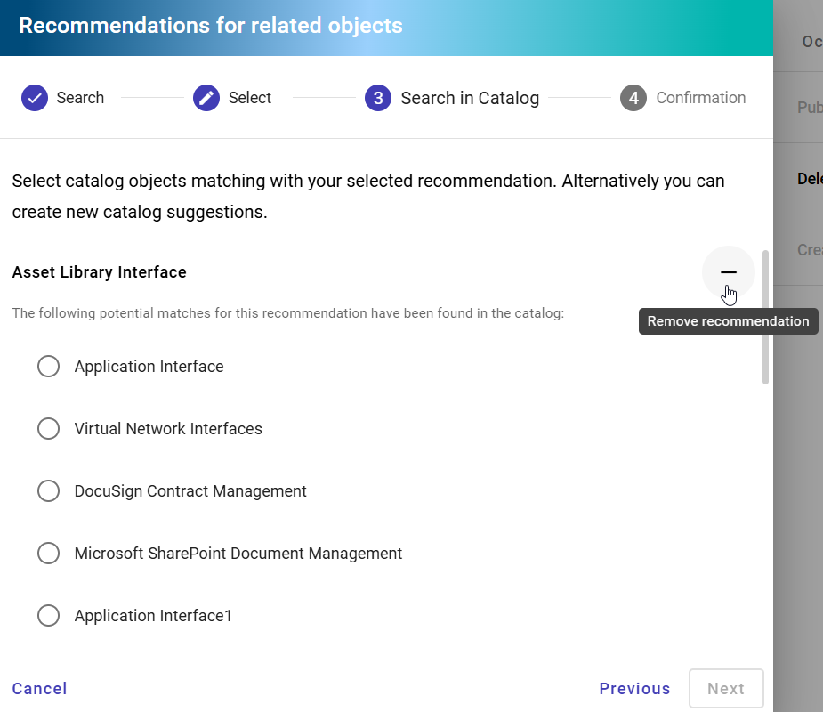 The screenshot shows the "Remove recommendation" button for a provided object recommendation for an EAM context reference.