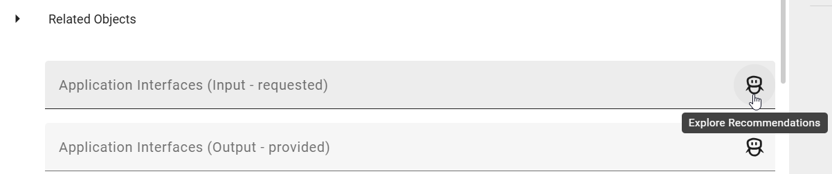 The screenshot shows the "Explore Recommendations" button for a related object in an EAM context reference.