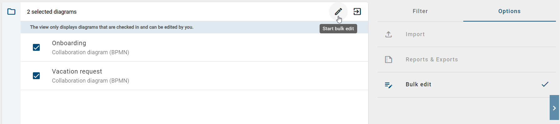 The screenshot shows the "Start Bulk Edit" option after diagrams have been selected in bulk edit mode.