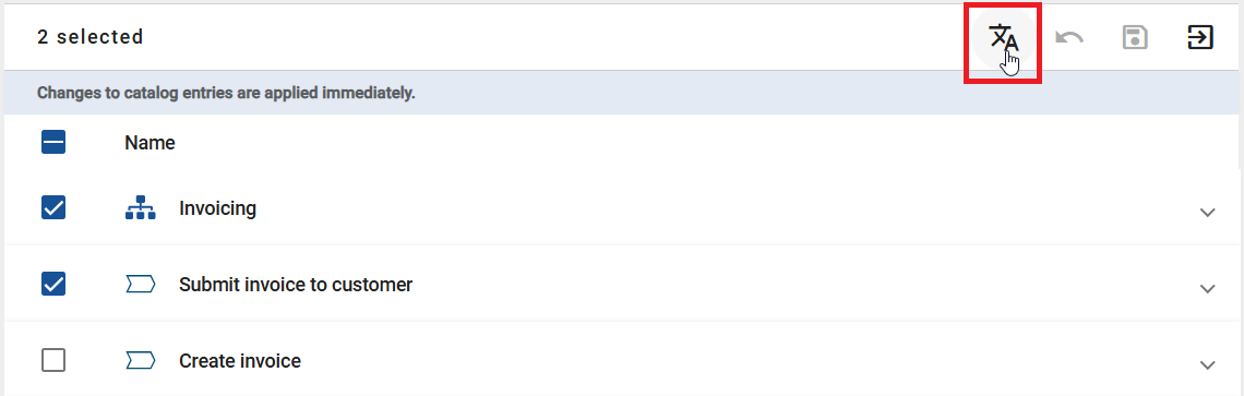 The screenshot shows the button to start a bulk translation for selected items.