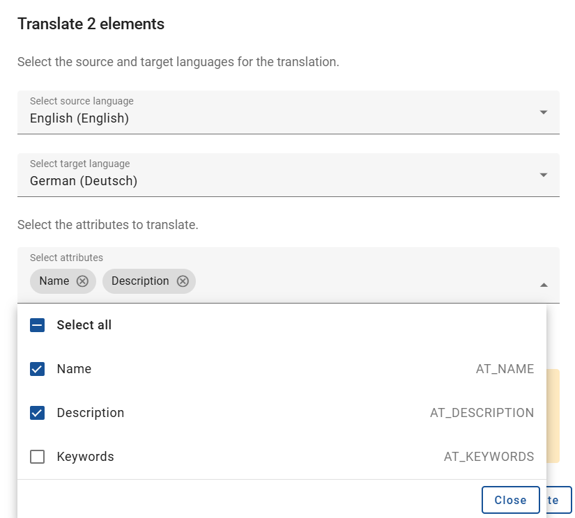 The screenshot shows the completed dialog to start a bulk translation for selected items.