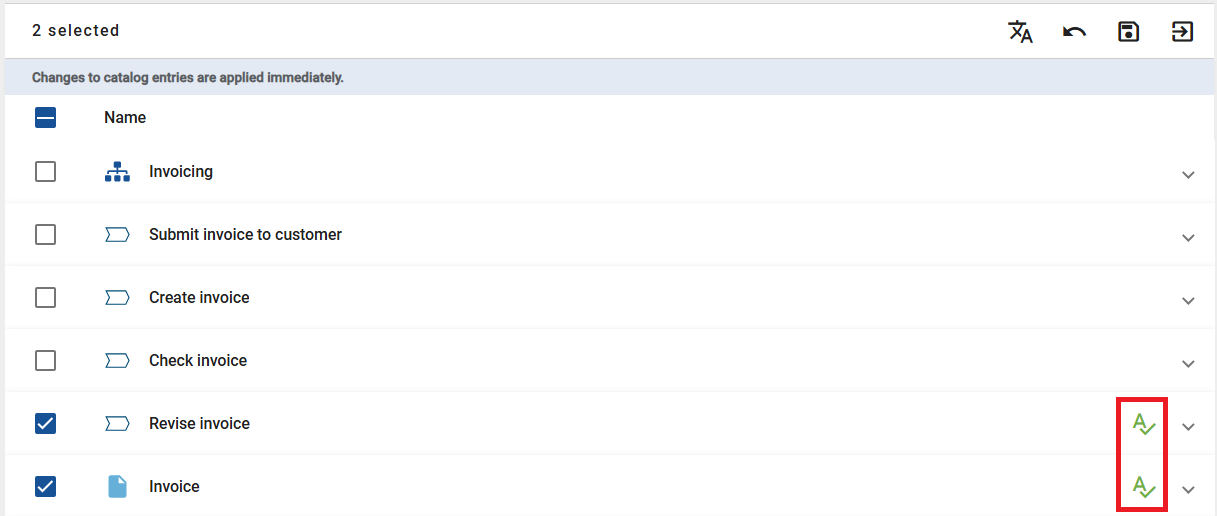 The screenshot shows the success indicator in “bulk translation”.