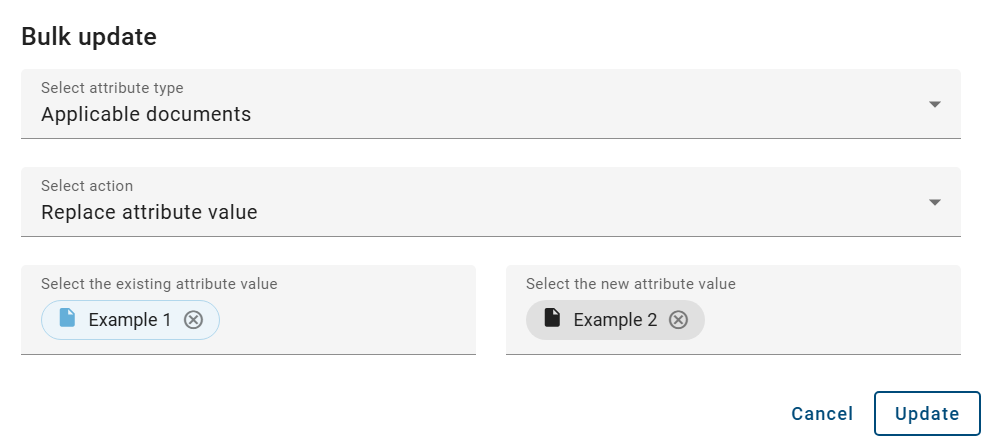 The screenshot shows the option to replace an attribute value in the bulk update.