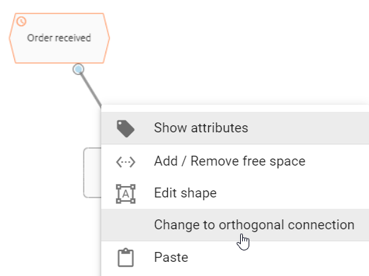 The screenshot shows the "Change to orthogonal connection" button in the context menu of a connection.