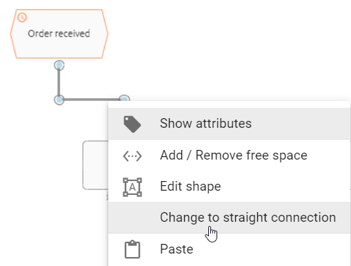 The screenshot shows the "Change to straight connection" button in the context menu of a connection.