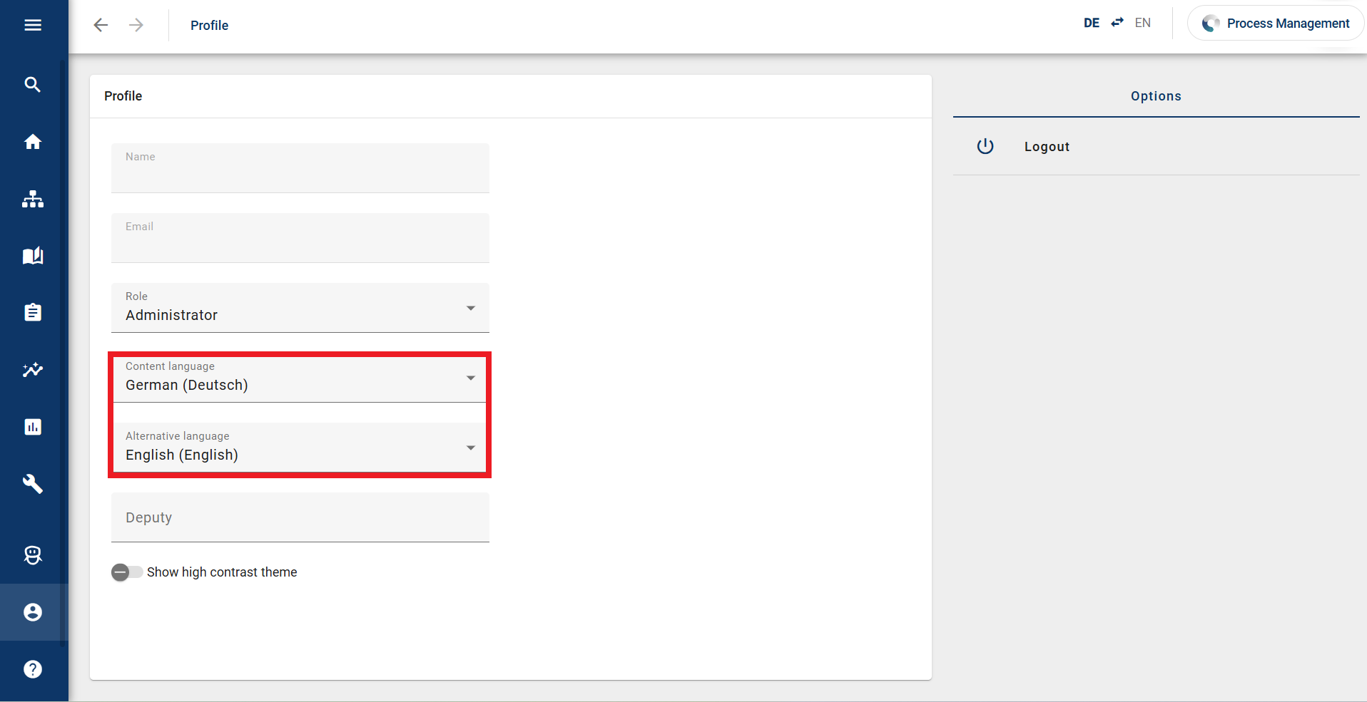 The screenshot shows that in the "profile" menu item the currently selected content language and alternative language are displayed. There is also a dropdown menu where the language can be selected.