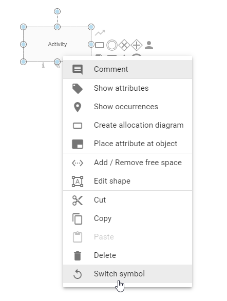 The screenshot shows the context menu of an activity. The courser lies over the option Switch symbol.