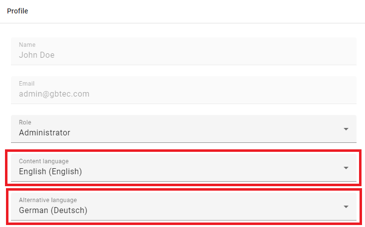 The profile with the content and alternative language fields is displayed here.