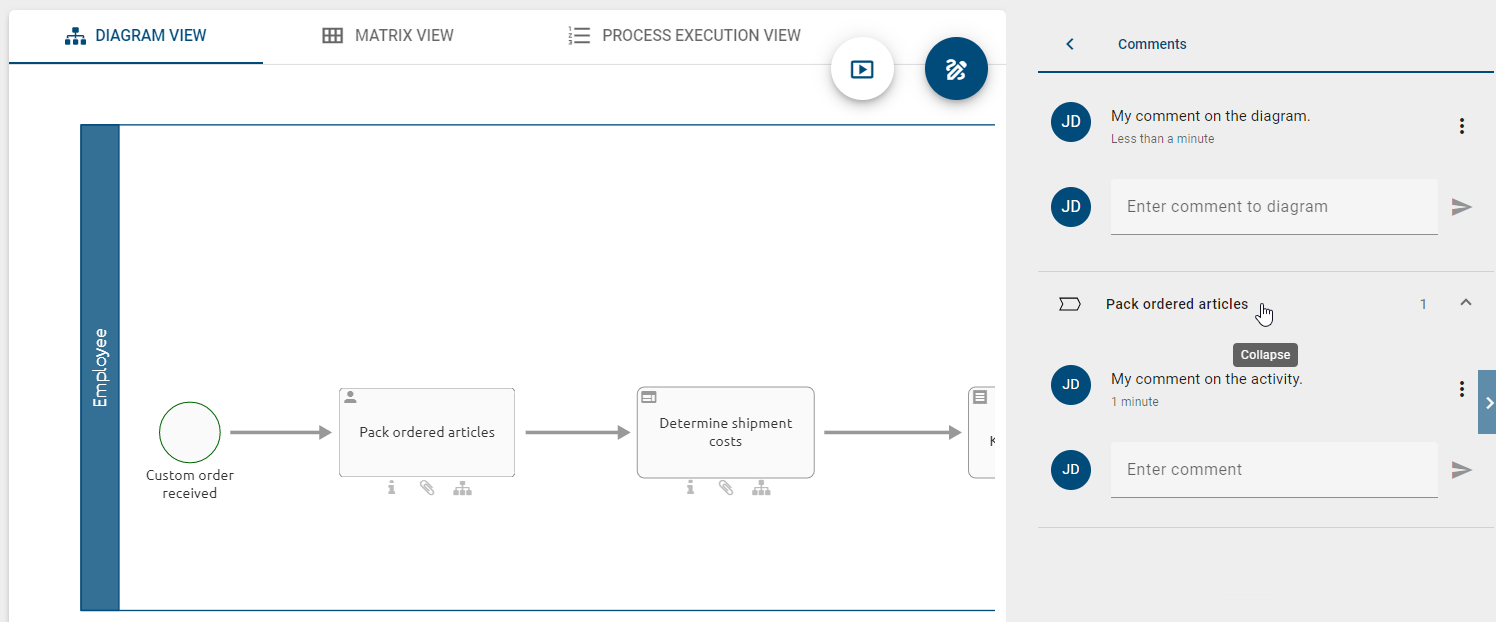 The screenshot shows a diagram where the comment bar is opened. In the comment bar, the comment group of an object is opened.