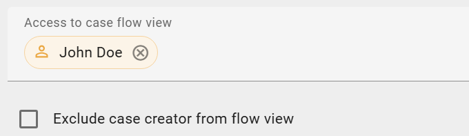 The screenshot shows the "Access to case flow view" input field for restricting access to the case flow view.