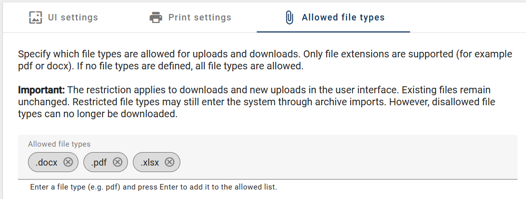 The screenshot shows the explanatory text and the "Allowed file types" input field with file types in the "Allowed file types" tab in the "Corporate Settings" tile in the Administration.