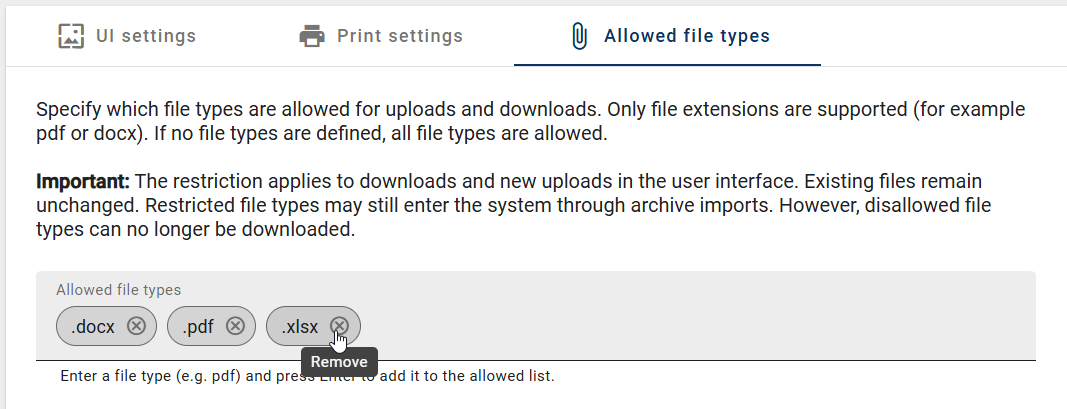 The screenshot shows the "Remove" option for a file type in the "Allowed file types" input field in the "Allowed file types" tab in the "Corporate Settings" tile in the Administration.