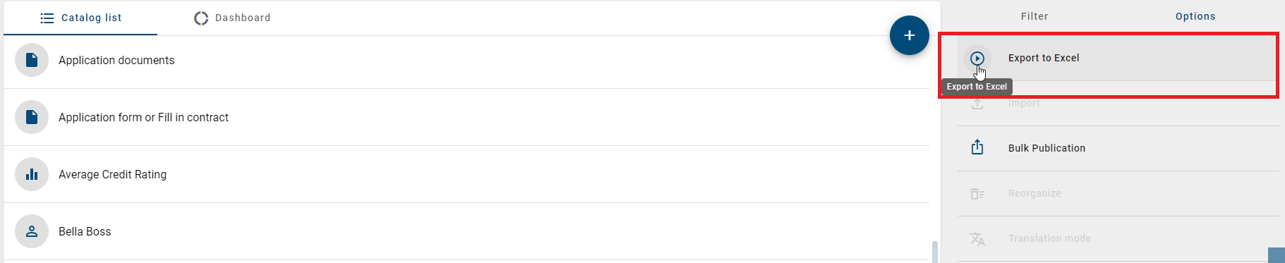 This screenshot shows the option "Export to excel" of the register card "Options" within the catalog.
