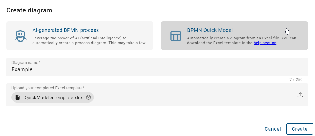 The screenshot shows the dialog window for creating a new diagram, in which you can use the "Quick Modeler".