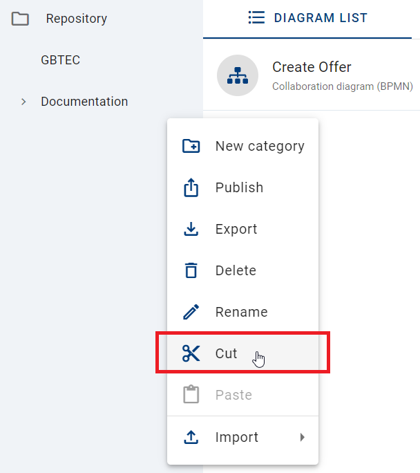 The screenshot shows the option "Cut" in the context menu in the category panel.