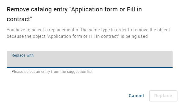 The screenshot shows the dialog window to replace a catalog entry.