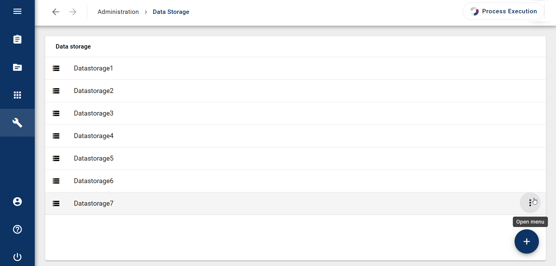 The screenshot shows a list of existing data storages. You can open the menu with the option "Delete" using the three dots.