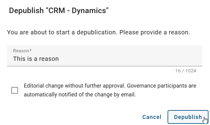 The screenshot shows the dialog for depublishing a published context reference.