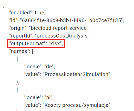 The screenshot shows the report descriptor with the variable "outputFormat" highlighted.