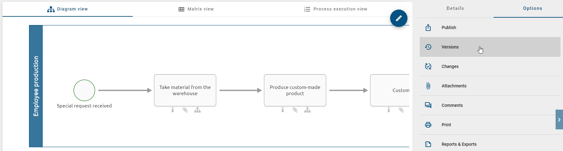 This screenshot shows the entry "Versions" within the options of a diagram.